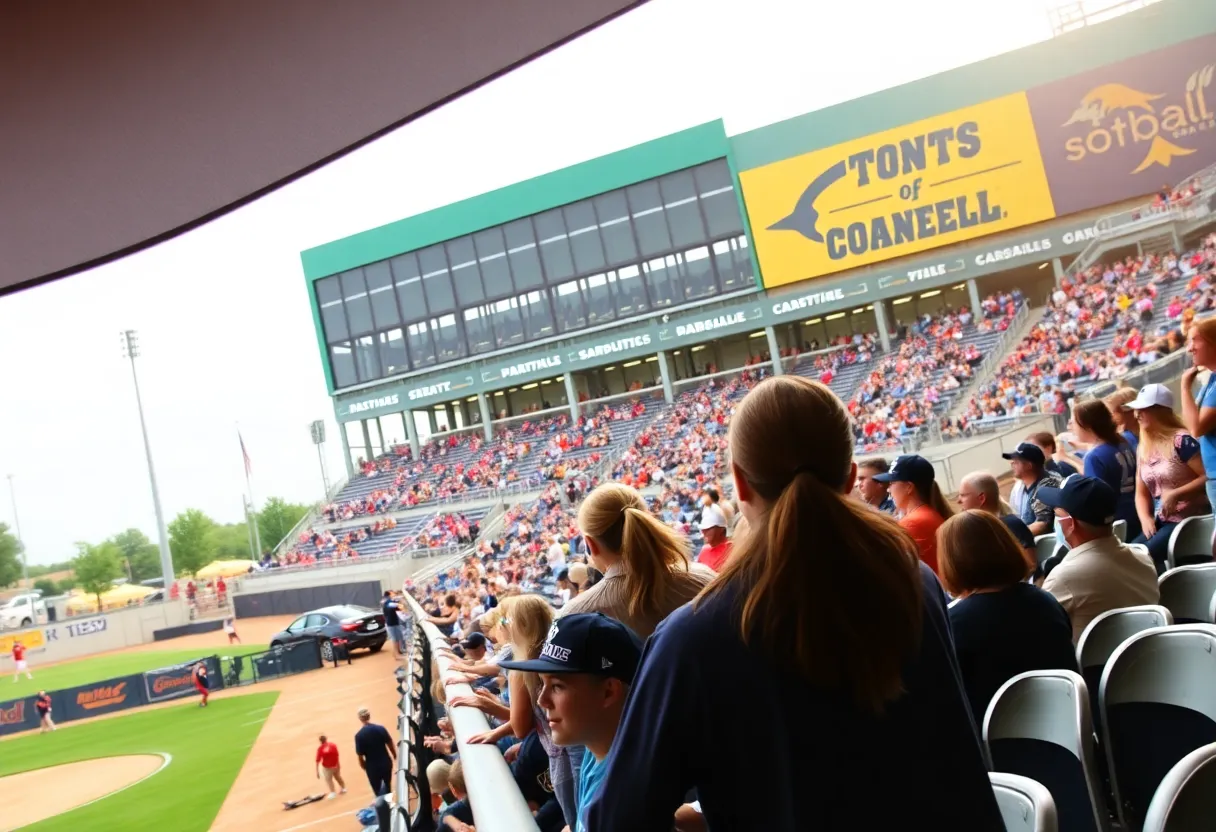 Fans cheering at Cowgirl Softball Stadium during a game