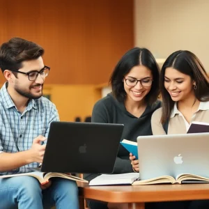 Students collaborating in an academic environment representing a credit transfer partnership.