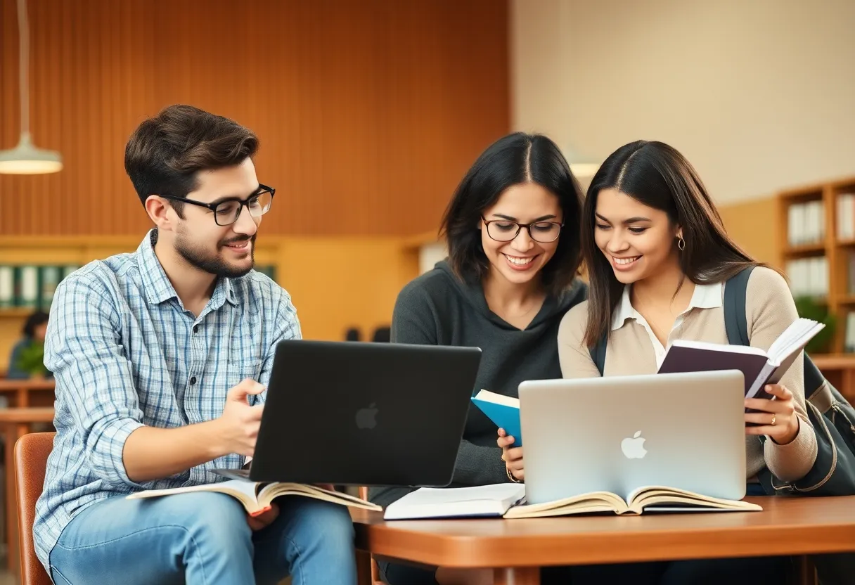 Students collaborating in an academic environment representing a credit transfer partnership.