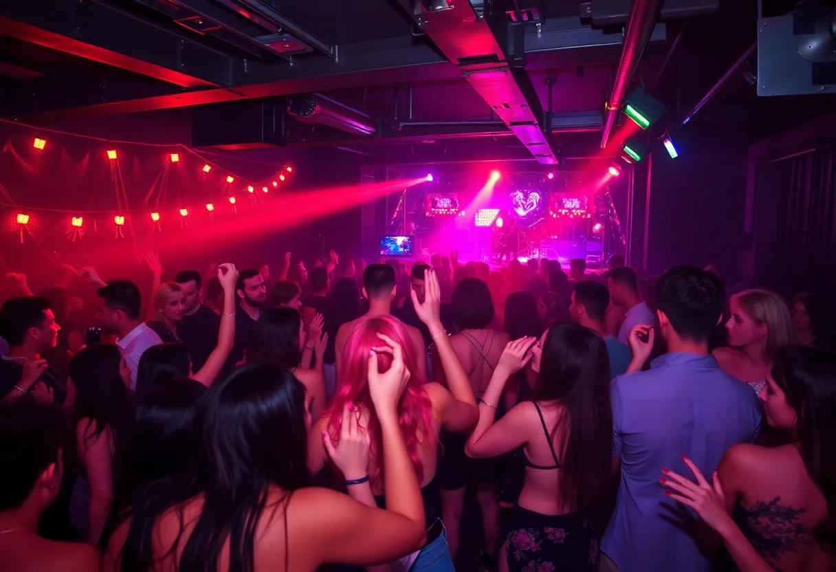 Crowd enjoying a darkwave party with colorful lights and gothic aesthetics.