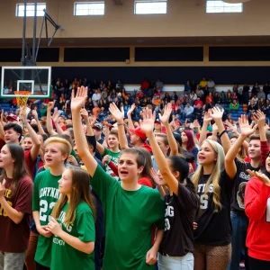 Cyril Pirates and Wright City Tigers basketball game with fans cheering