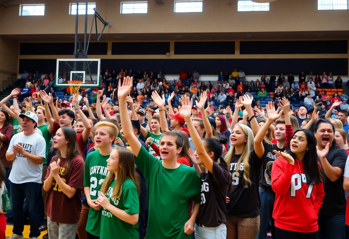 Cyril Pirates and Wright City Tigers basketball game with fans cheering