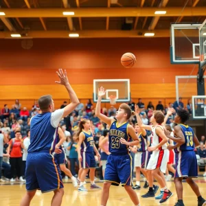 Cyril and Wright City high school basketball teams in action during a game.