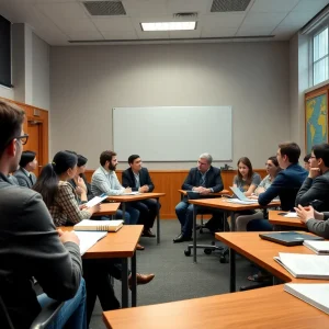 Students debating academic standards in a university classroom