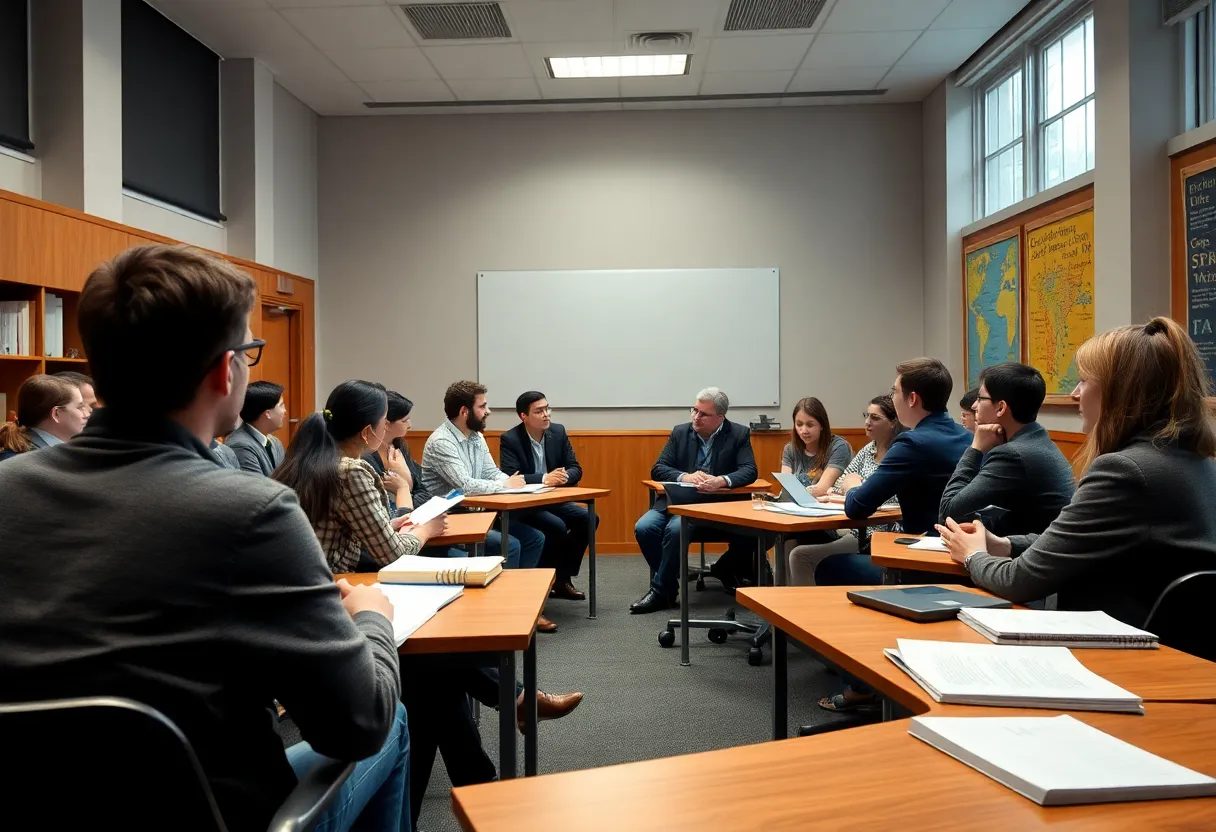Students debating academic standards in a university classroom