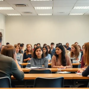 Students debating free speech and religious expression in a university classroom