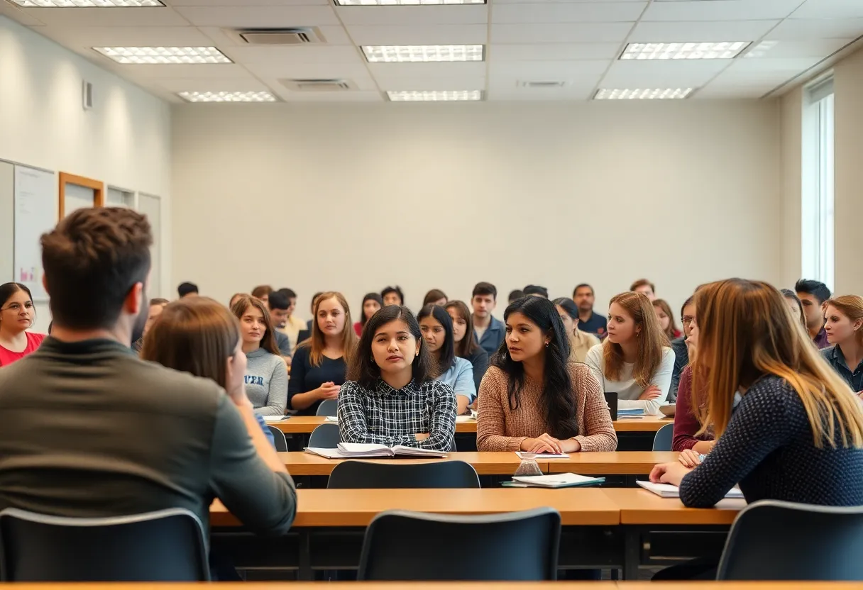 Students debating free speech and religious expression in a university classroom