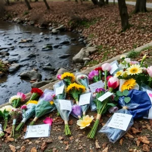 Memorial site with flowers and heartfelt messages for accident victims