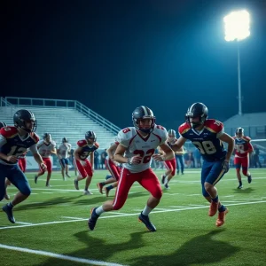High school football players competing on the field during a game.