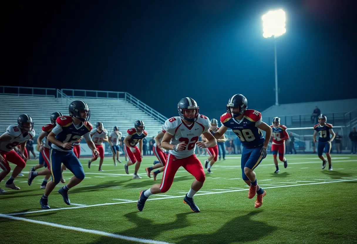 High school football players competing on the field during a game.