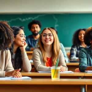 A group of diverse college students engaged in discussion in a classroom setting.