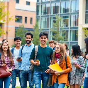 A diverse group of university students engaged in academic activities on campus