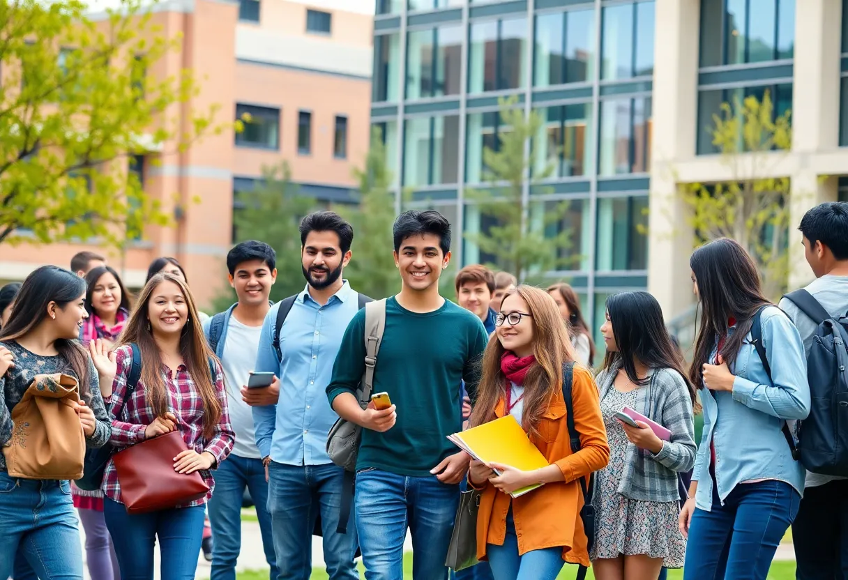 A diverse group of university students engaged in academic activities on campus