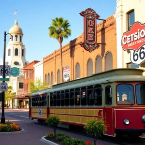 Render of the Route 66 revitalization project in El Reno, showcasing The Hub with landscaping and a trolley.
