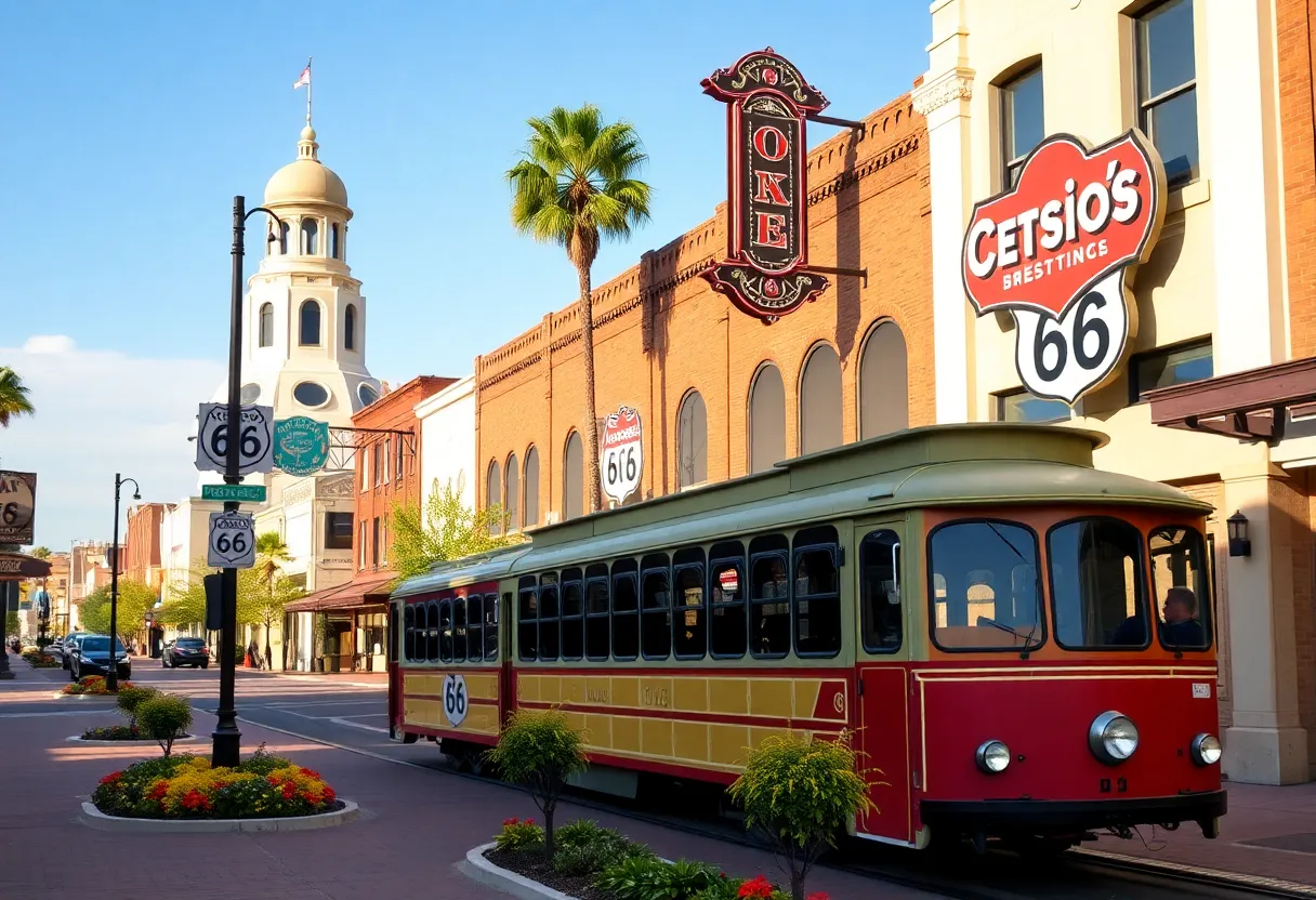Render of the Route 66 revitalization project in El Reno, showcasing The Hub with landscaping and a trolley.