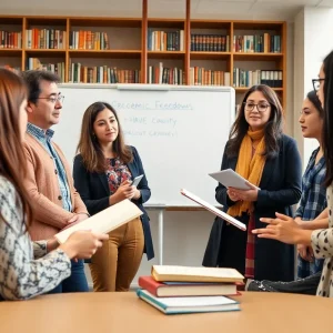 University faculty discussing academic freedom issues.