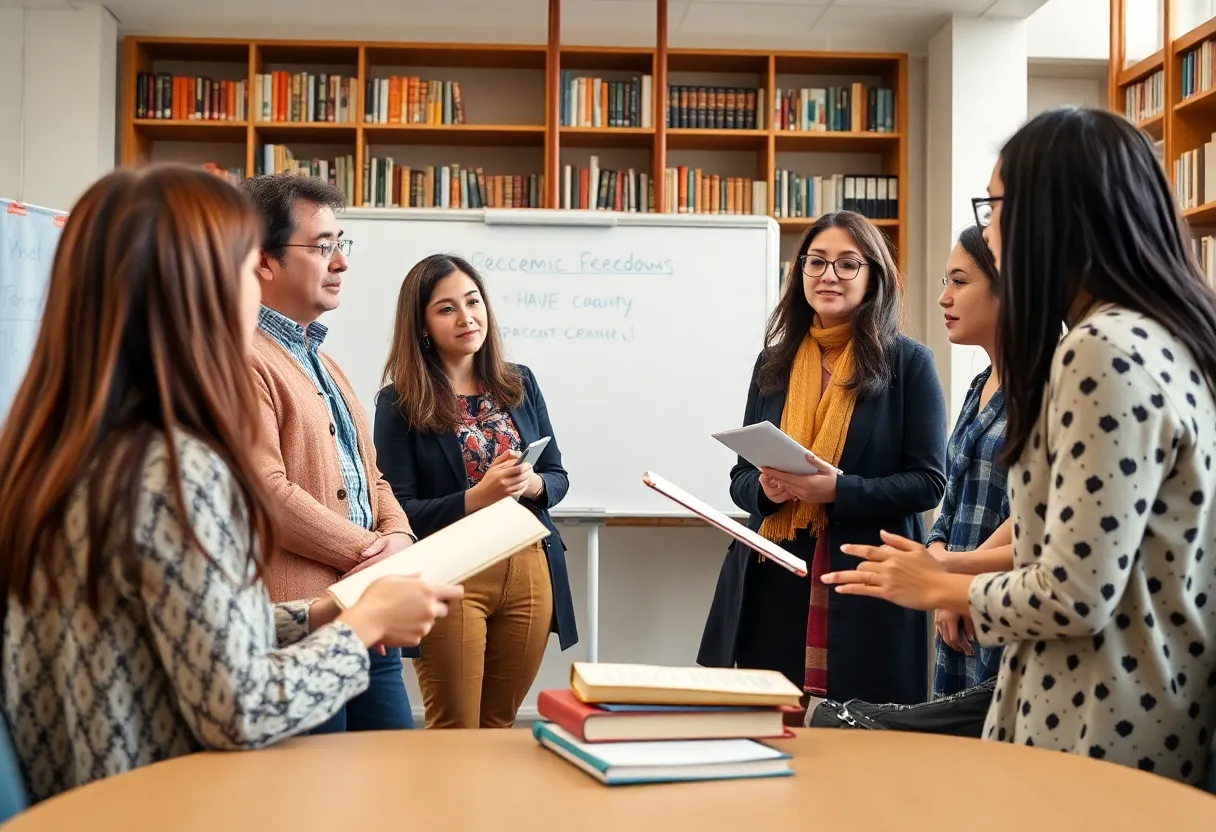 University faculty discussing academic freedom issues.