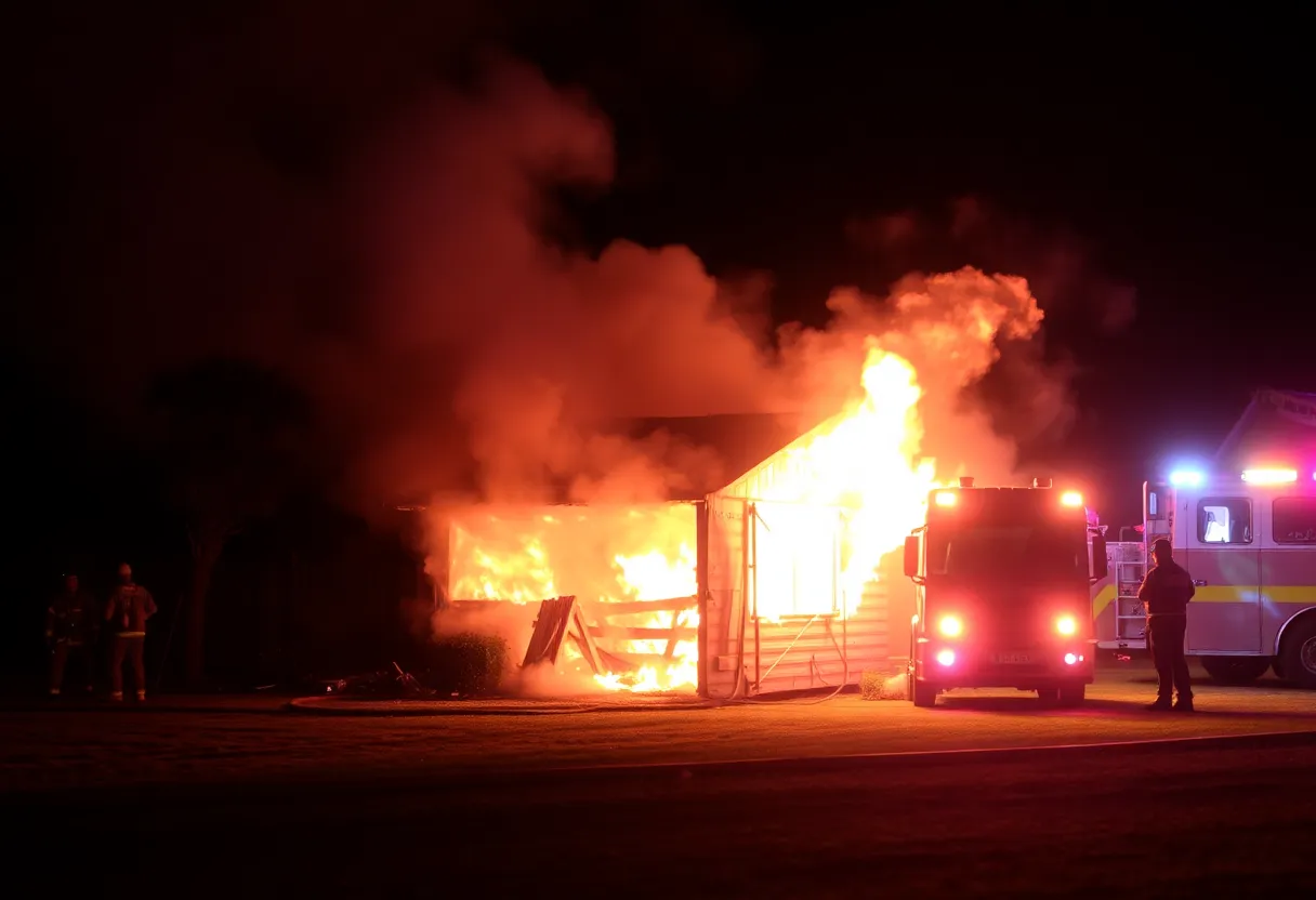 Shed fire with smoke and emergency lights in Oklahoma City