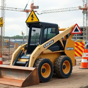 A construction site with skid steer loader and safety warnings