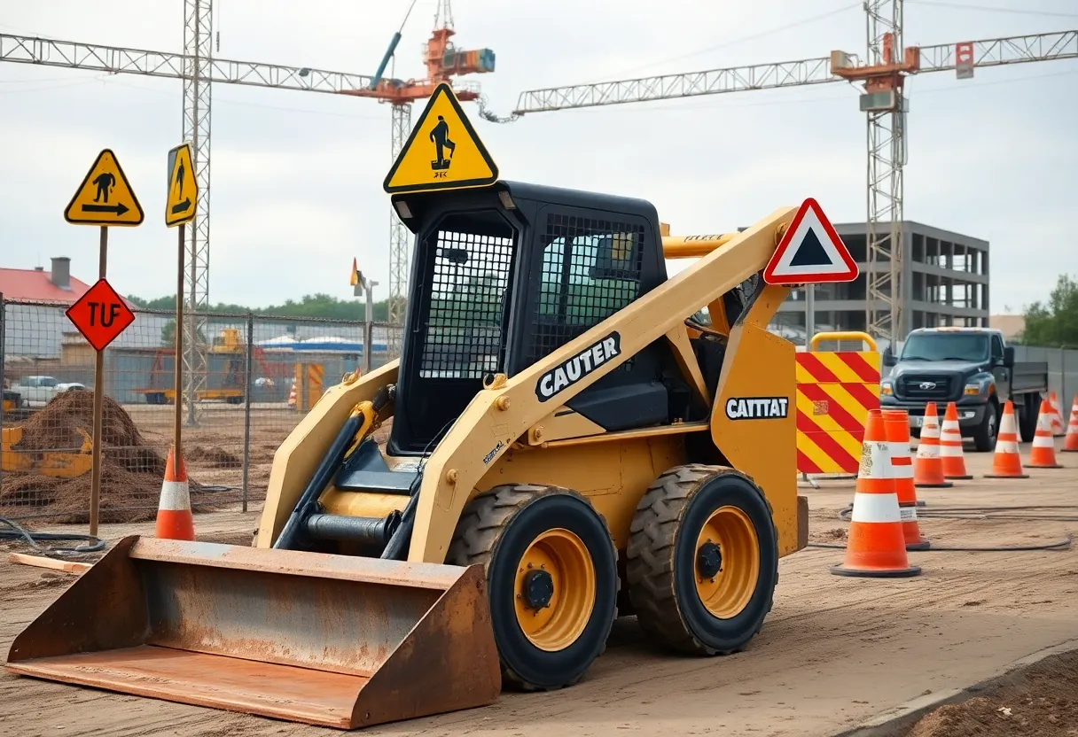 A construction site with skid steer loader and safety warnings