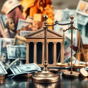 Abstract representation of financial misconduct with money and scales of justice