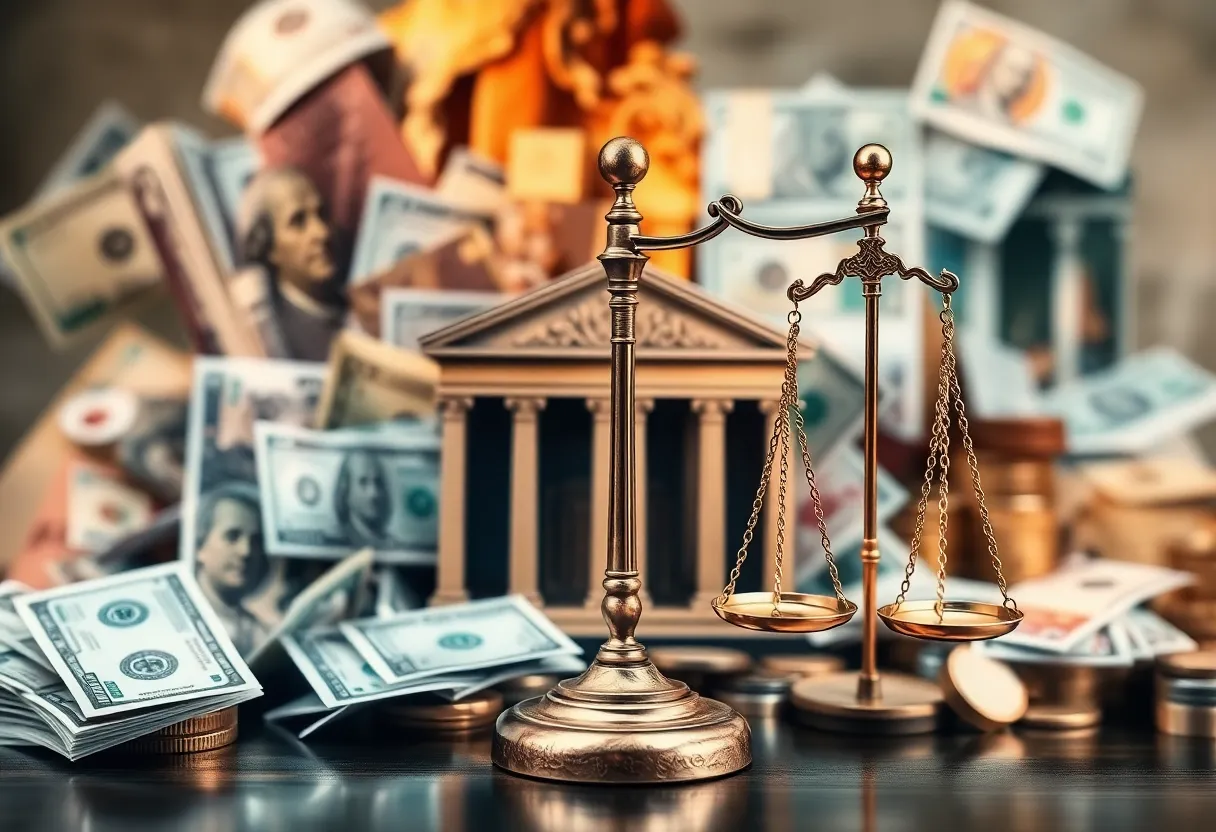 Abstract representation of financial misconduct with money and scales of justice