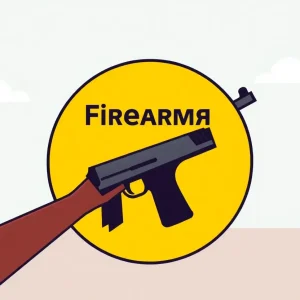 A caution sign next to a firearm promoting safety.
