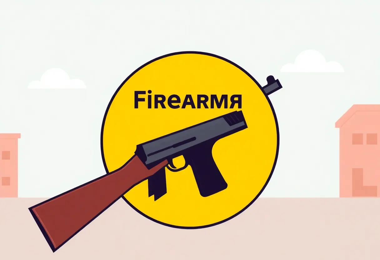 A caution sign next to a firearm promoting safety.