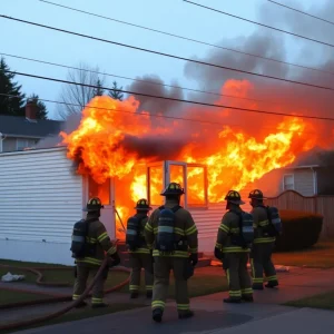 Firefighters extinguishing a trailer fire with smoke and flames