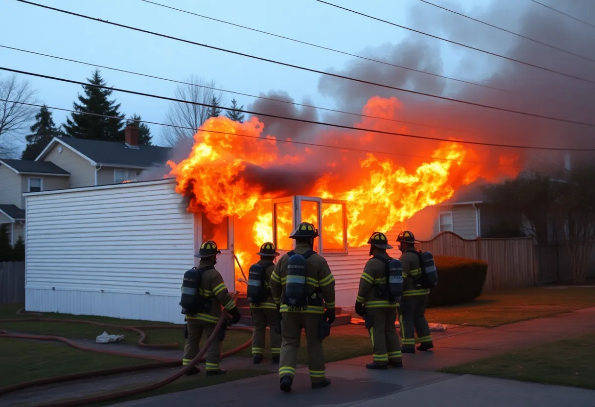 Firefighters extinguishing a trailer fire with smoke and flames