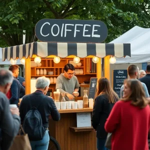 Local coffee cart serving customers at an event showcasing community support