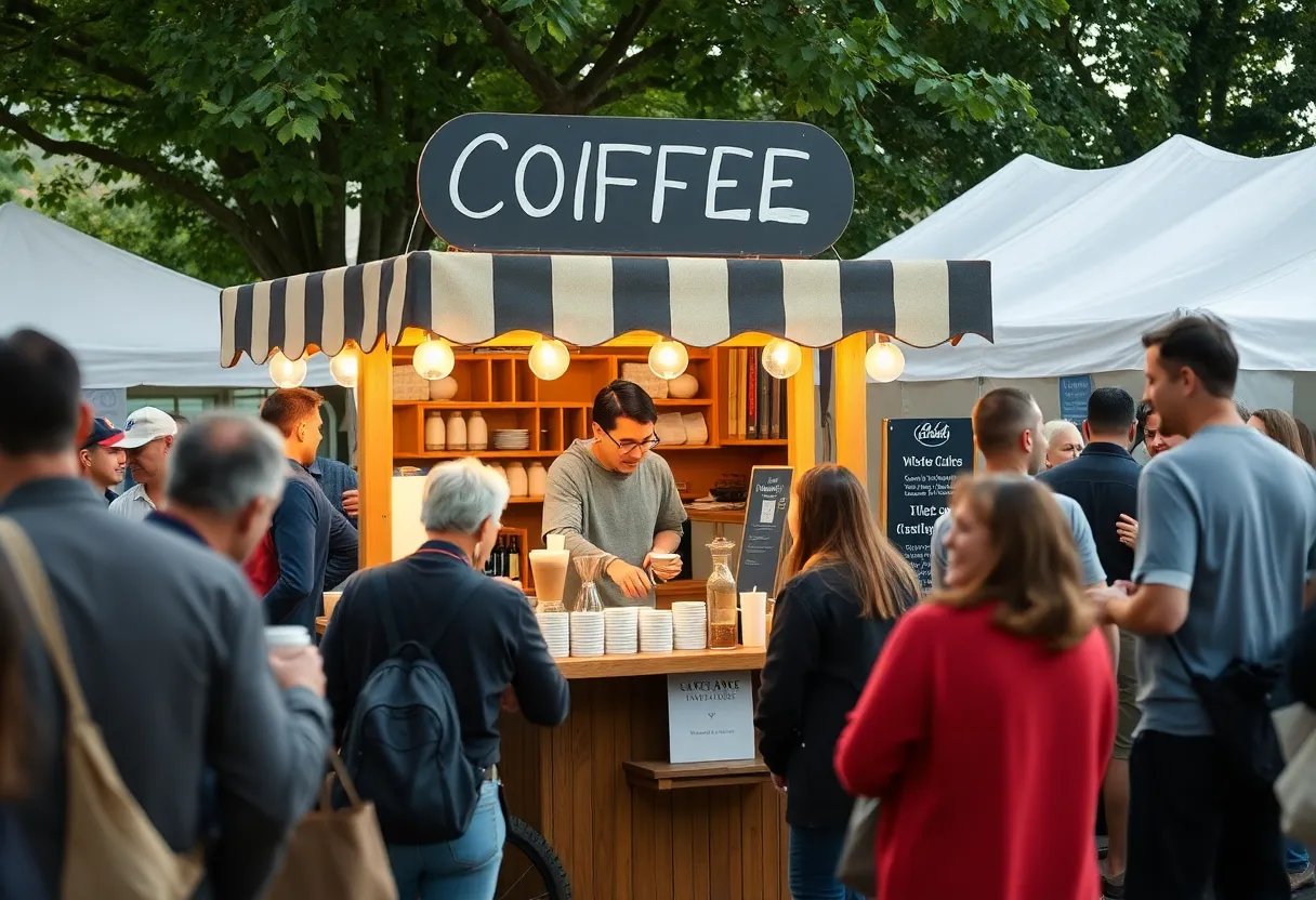 Local coffee cart serving customers at an event showcasing community support