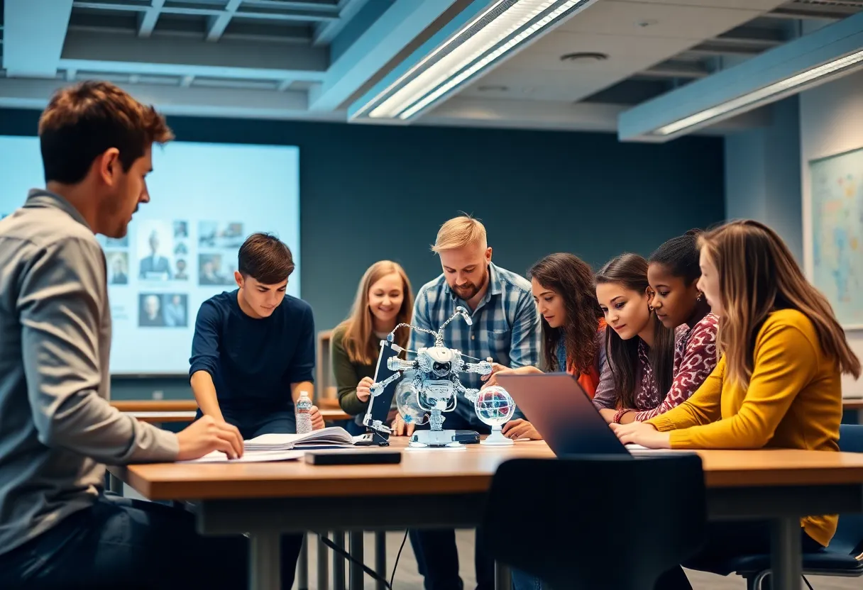 Students collaborating in an AI classroom with advanced technology