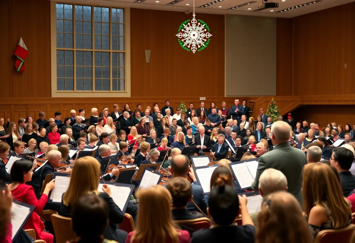 Choir and orchestra performing Handel's Messiah in Lawton High School Auditorium.