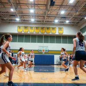 Hartshorne girls' basketball team competing in a game against Mustang.