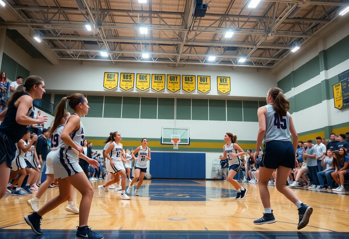 Hartshorne girls' basketball team competing in a game against Mustang.