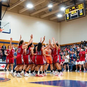 Hartshorne Miners basketball team celebrating victory