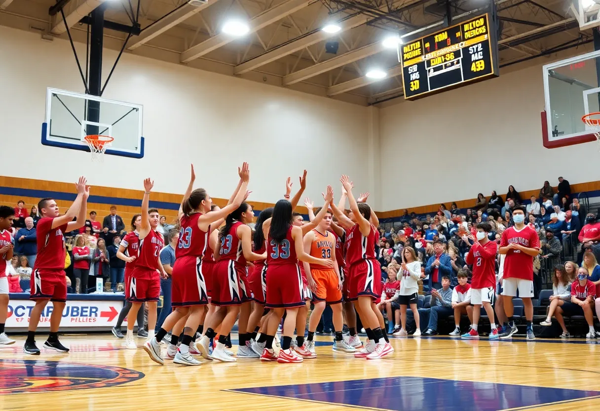Hartshorne Miners basketball team celebrating victory