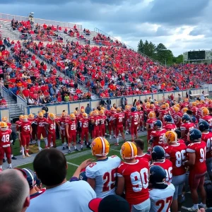 A high school football game in action, with cheering fans and players on the field.