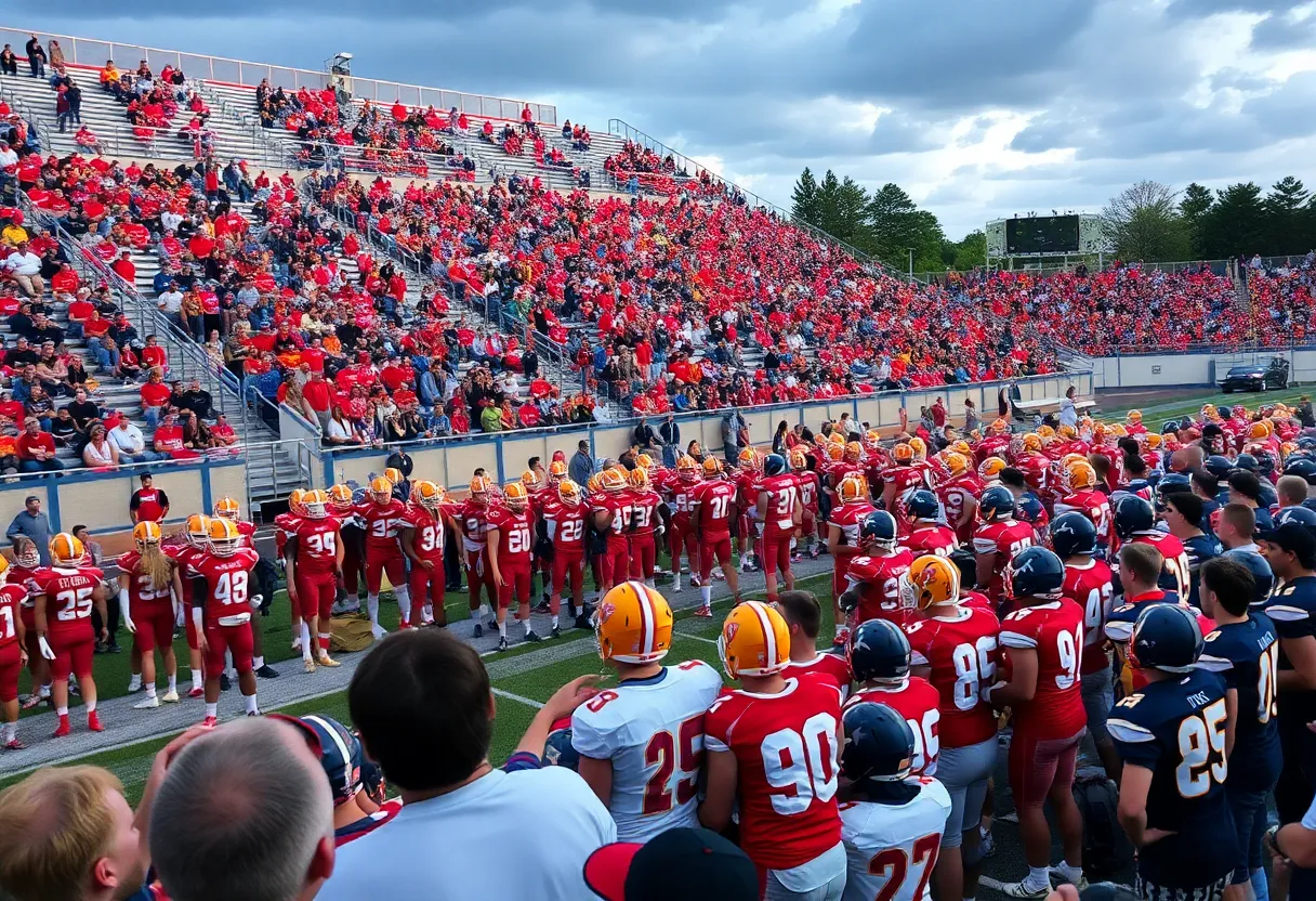 A high school football game in action, with cheering fans and players on the field.