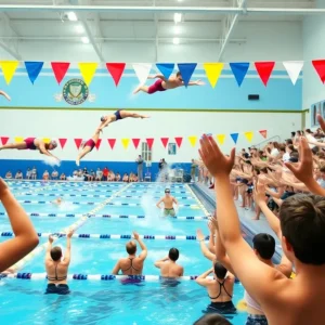 Swimmers competing in a high school swimming meet.