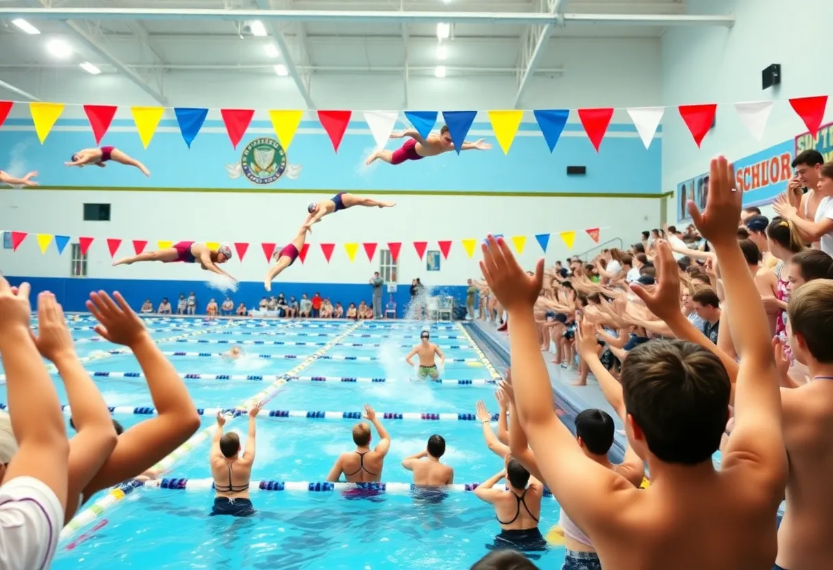 Swimmers competing in a high school swimming meet.