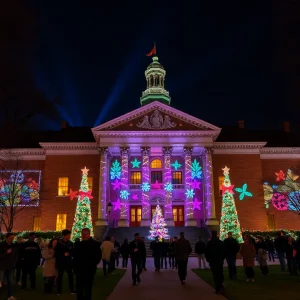 Festive holiday light display at Bizzell Memorial Library
