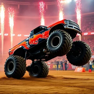 Hot Wheels Monster Truck performing a stunt with fans cheering