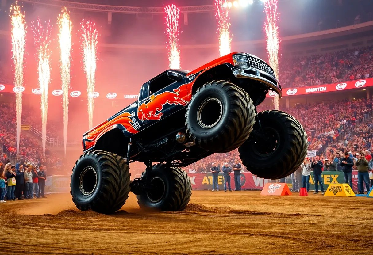 Hot Wheels Monster Truck performing a stunt with fans cheering