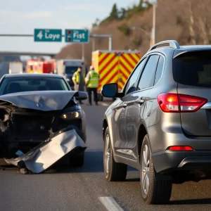 Damaged vehicles on I-40 after a collision involving an Oklahoma Highway Patrol trooper.