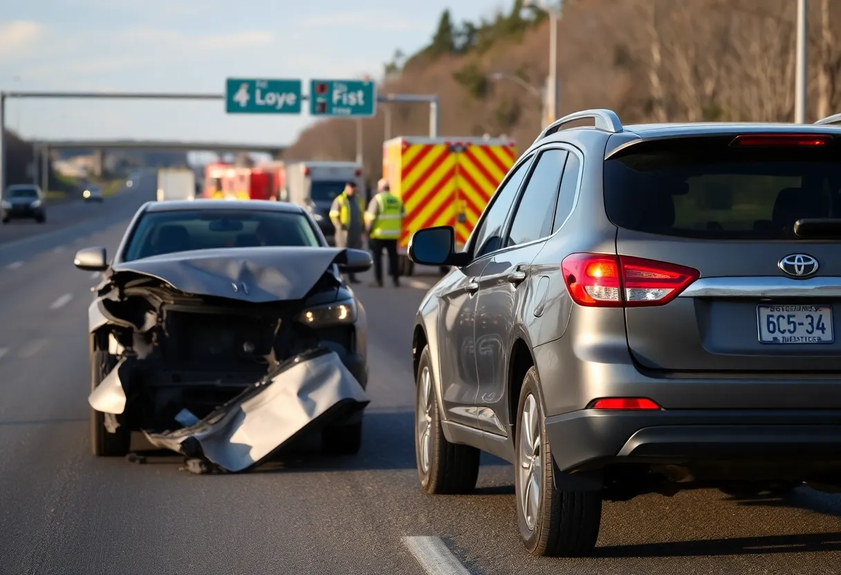Damaged vehicles on I-40 after a collision involving an Oklahoma Highway Patrol trooper.