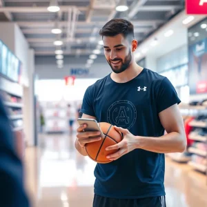 NBA player Jalen Williams demonstrating AI technology in a retail setting.