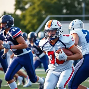 American football game with a high school team in action