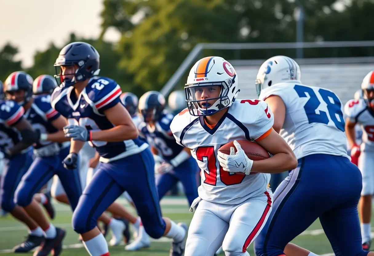 American football game with a high school team in action